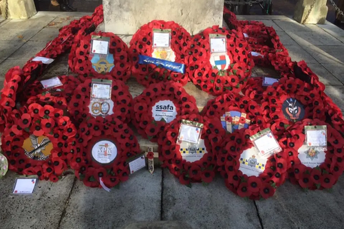 Wreaths laid at the War Memorial on The Embankment in Bedford
