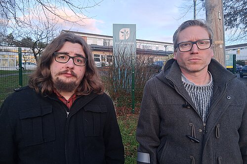 Cllrs Matt and Dan outside Vale School