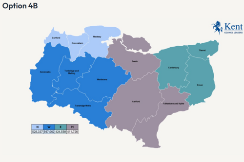 LGR Proposed Kent Unitary Map Option 4B comprising East Kent, Mid Kent, North Kent & West Kent