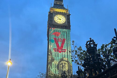 Elizabeth Tower (Big Ben) lit up commemorating VE Day 80