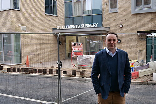 Danny outside St Clements Surgery